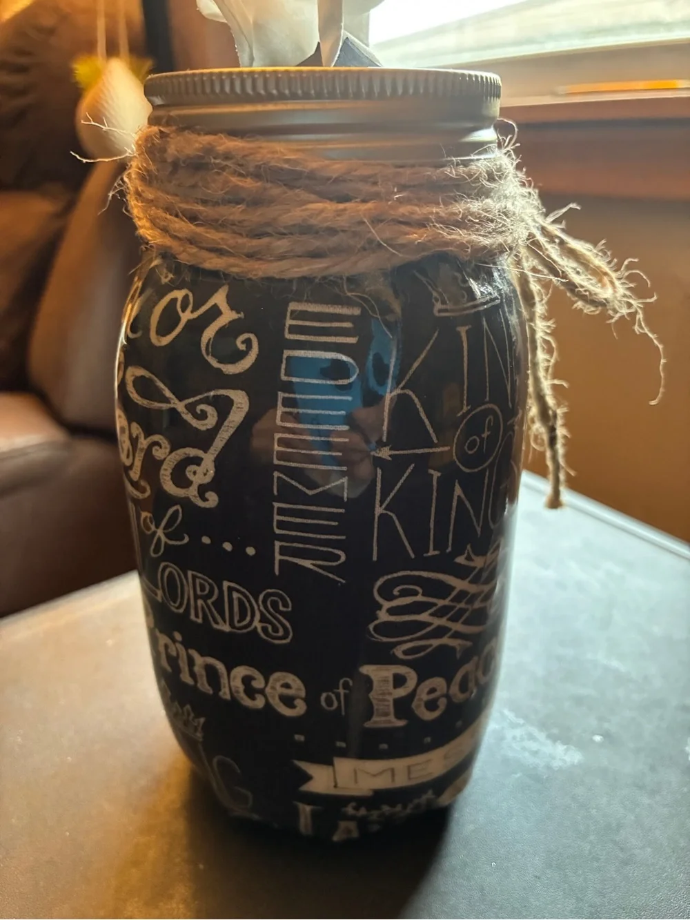 Rustic Black 'Jesus'  Mason Jar Tissue Dispenser 7”